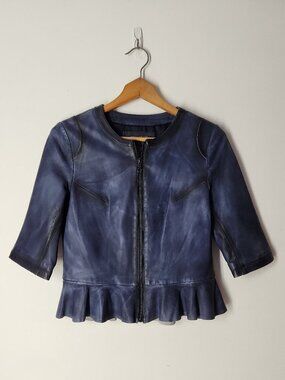 My Tribe genuine leather peplum ruffle crop jacket unique antiqued blue sz M